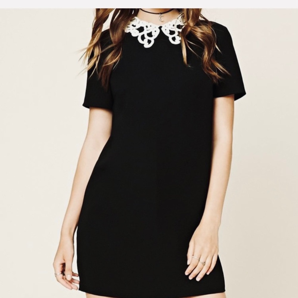 Black Shift Dress with crochet collar